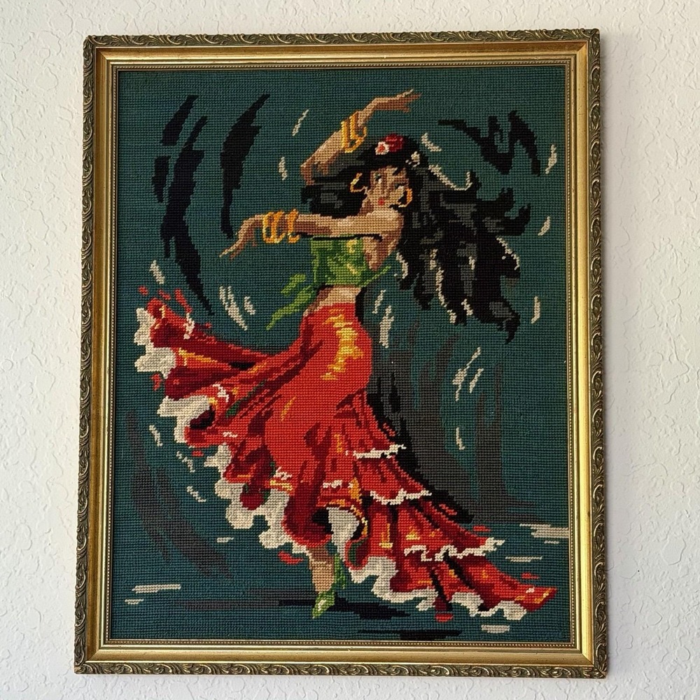 Vtg 70s Needlepoint Framed Flamenco Dancer Finished Wall Art Decor MCM Modern